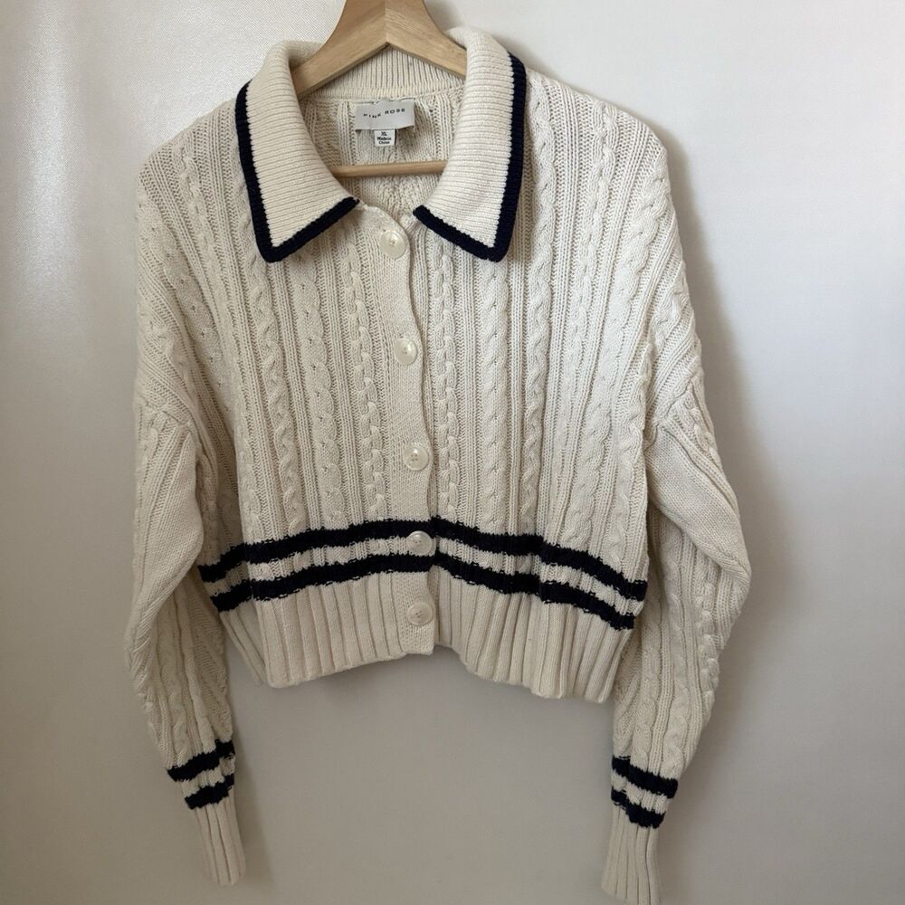 Pink Rose Cardigan Cable Knit Sailor Collar Sweater Cropped Preppy Tenniscore XL